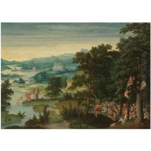 A River Landscape With St. John The Baptist Preaching And The Baptism Of Christ by Cornelis Massys