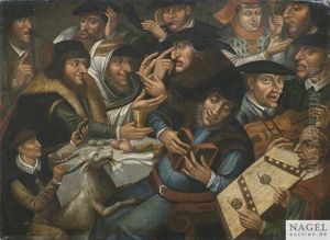 Eine Ausgelassene Gesellschaft Beim Speisen Und Musizieren