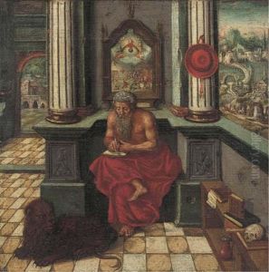 Saint Jerome In His Study, Seated Beneath An Altarpiece With A Landscape Beyond by Jan Massys