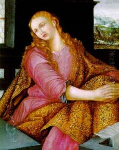 Die Magdalena In Einem Interieur Mit Blick In Eine Landschaft by Jan Massys