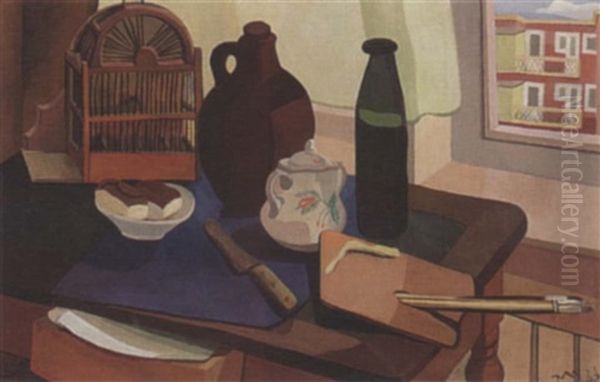 A Still Life With Bottles, Bread And Brushes - view 1