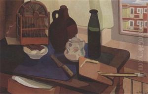 A Still Life With Bottles, Bread And Brushes by Hans Van Mastenbroek