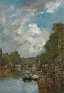 A Busy Canal, Rotterdam by Johan Hendrik van Mastenbroek