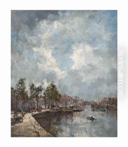 Stadsgezicht: A Busy Sunlit Harbour In Rotterdam by Johan Hendrik van Mastenbroek
