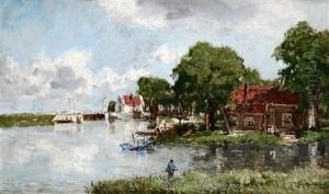 Landschap Met Sluis En Visser Aan De Oever Landschap Met Sluis En Visser Aan De Oever