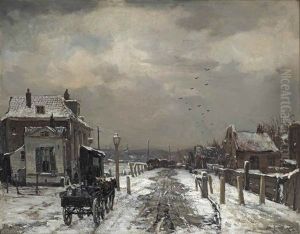 Winter: A Horsedrawn Carriage On A Snowy Path Near A Dutch Town
