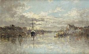A Tranquil Moring In A Dutch Harbour by Johan Hendrik van Mastenbroek