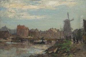 A Town View With A Windmill And A Drawbridge by Johan Hendrik van Mastenbroek