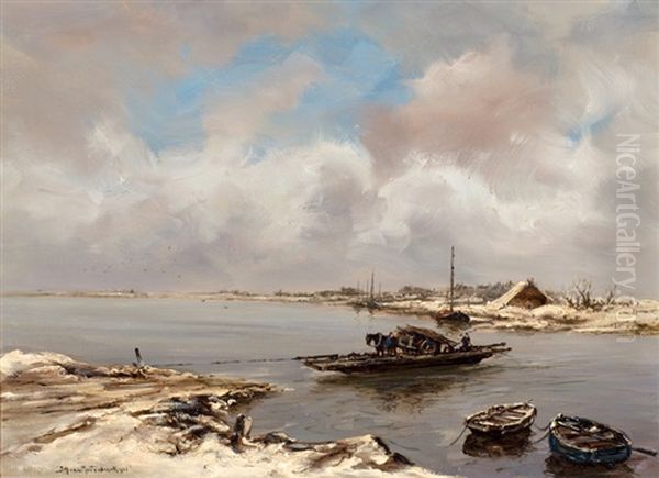 Winters Rivierlandschap Met Overzetveer - view 1