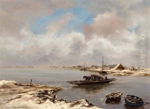 Winters Rivierlandschap Met Overzetveer by Johan Hendrik van Mastenbroek