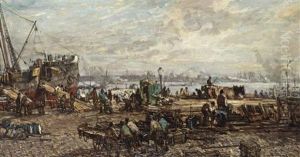 Bij Het Lossen Der Booten: Unloading The Boats In The Harbour Of Rotterdam by Johan Hendrik van Mastenbroek