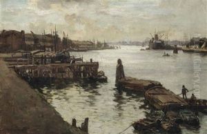 A View Of The Rotterdam Harbour by Johan Hendrik van Mastenbroek