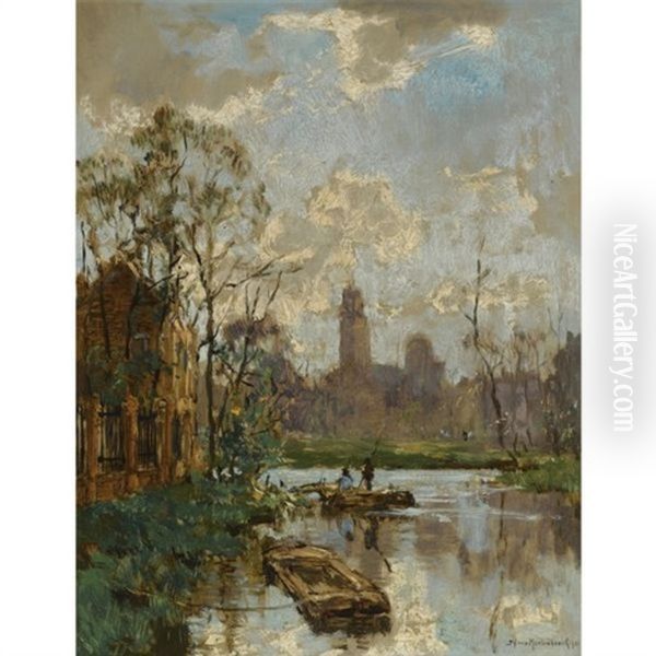 A View Of A Dutch Canal With A Bell Tower In The Background - view 1