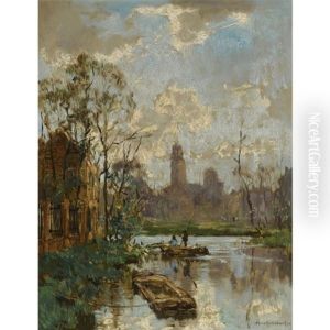 A View Of A Dutch Canal With A Bell Tower In The Background