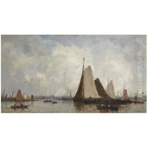 Bateaux Sur La Meuse Devant Rotterdam (shipping On The Maas, Rotterdam) by Johan Hendrik van Mastenbroek