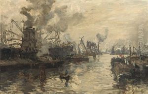 Graan Elevators Aan Het Werk: The Busy Rijnhaven, Rotterdam by Johan Hendrik van Mastenbroek
