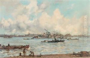De Maas Bij Den Willemskade - A Busy Day On The River, Rotterdam by Johan Hendrik van Mastenbroek