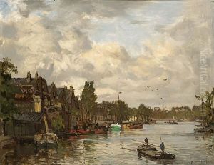 Barges On A Canal, Rotterdam by Johan Hendrik van Mastenbroek