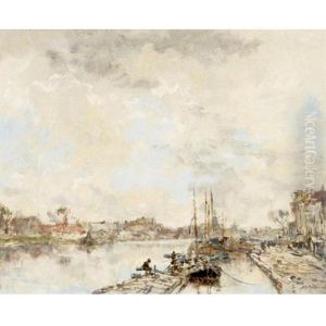 Barges On The River by Johan Hendrik van Mastenbroek
