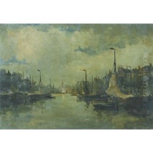 A View Of A Canal With Boats Moored Along The Quay A View Of A Canal With Boats Moored Along The Quay