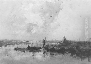 Rivierlandschap Met Figuren Bij Een Vuur Rivierlandschap Met Figuren Bij Een Vuur