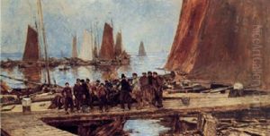 Departure Of The Fishing Boats, Volendam by Johan Hendrik van Mastenbroek