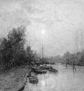 Nevelachtige Maan: A View Of The Haringvliet, Rotterdam by Johan Hendrik van Mastenbroek