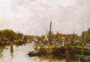 Boats In A Dutch Port by Johan Hendrik van Mastenbroek