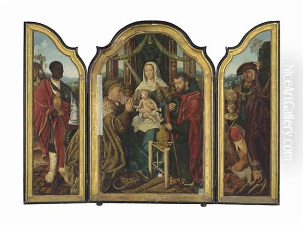 A Triptych: Central Panel: The Holy Family With Frederick Iii, Holy Roman Emperor As Melchior Offering Gold To The Christ Child; Left Wing: Balthasar Offering Myrrh; Right Wing: Maximilian I, Holy Roman Emperor, As Caspar Offering Incense; Outer Panels: T - view 1