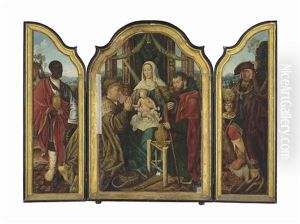 A Triptych: Central Panel: The Holy Family With Frederick Iii, Holy Roman Emperor As Melchior Offering Gold To The Christ Child; Left Wing: Balthasar Offering Myrrh; Right Wing: Maximilian I, Holy Roman Emperor, As Caspar Offering Incense; Outer Panels: T by Master Of Frankfurt
