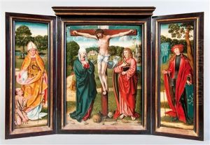 Triptyque, Panneau Central : Christ En Croix Avec Saint Jean, Volets Lateraux : Un Saint Eveque Et Saint Georges (?) by Master Of Frankfurt