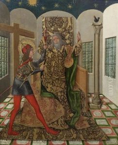 A Young Warrior Saint With An Elderly Bearded Man Enthroned In An Interior by Perea Master