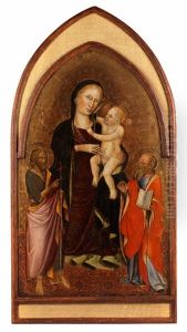Maria Mit Dem Kind Und Dem Heiligen Johannes Baptist Sowie Einem Kirchenheiligen Mit Buch by  Master of San Martino of Mensola