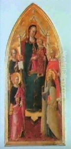 La Vierge Et L'enfant En Troneentre Saint Luc, Saint Julien,saint Jacques Le Majeur Et Saint Antoine Abbe La Vierge Et L'enfant En Troneentre Saint Luc, Saint Julien,saint Jacques Le Majeur Et Saint Antoine Abbe