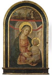 Madonna And Child With Saints Francis And Jerome Adoring The Crucifixion Above by Master of San Miniato