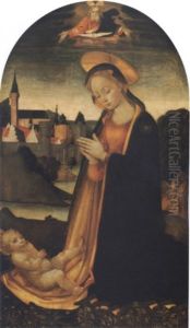 The Madonna Adoring The Christ Child In A Landscape With A Town Beyond And God The Father And The Holy Dove Looking Down From Above by Master of San Miniato