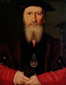Portrait Of A Gentleman Wearing A Fur-lined Coat With Red Sleeves, Black Hat And The Badge Of The Order Of The Santiago De Compostela by Master of the 1540s