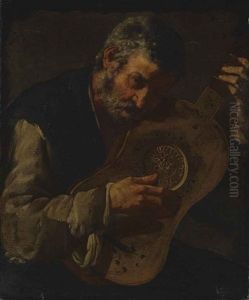 An Old Man Playing The Guitar by Master of the Annunciation to the Shepherds