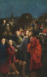 The Left Wing Of The Dreux Bude Triptych: The Betrayal And Arrest Of Christ, With The Donor Dreux Bude And His Son Jean Presented By Saint Christopher by  Master of the Dreux Bude triptych
