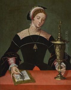 The Magdalen, Half-length, At A Table In A Black Dress And An Embroidered Collar, Reading A Book And Holding A Gilt Cup by Master of the Female Half Lengths