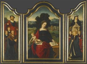 A Triptych: The Virgin And Child In A Landscape, Flanked By Male And Female Donors And Their Children With Saints Sebastian And Gertrude Of Nivelles by Master of the Female Half Lengths