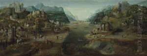 An Extensive Mountainous River Landscape With A Castle And Other Fortified Buildings, A Group Of Soldiers On The Bank And Other Figures An Extensive Mountainous River Landscape With A Castle And Other Fortified Buildings, A Group Of Soldiers On The Bank And Other Figures