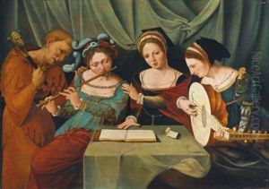 Three Young Women Making Music With A Jester by Master of the Female Half Lengths