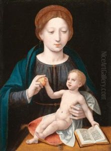 The Virgin And Child With An Apple And An Open Book by Master of the Female Half Lengths