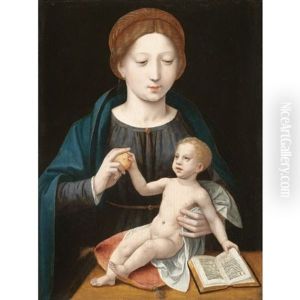 The Virgin And Child With An Apple And An Open Book by Master of the Female Half Lengths