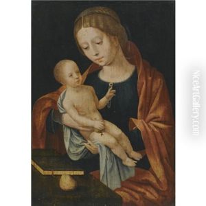 Virgin And Child Seated Before A Desk by Master of the Female Half Lengths