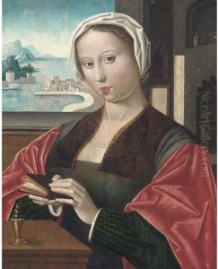 A Lady, As The Magdalen, In An Interior Holding A Book, A Landscape Beyond by Master of the Female Half Lengths