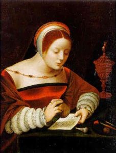A Lady At Her Writing Desk by Master of the Female Half Lengths