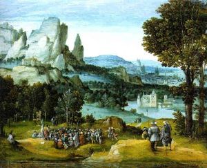 An Extensive Mountainous River Landscape With St. John The Baptist Preaching In The Foreground by Master of the Female Half Lengths