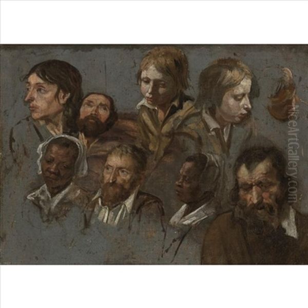 Study Of Nine Heads - view 1